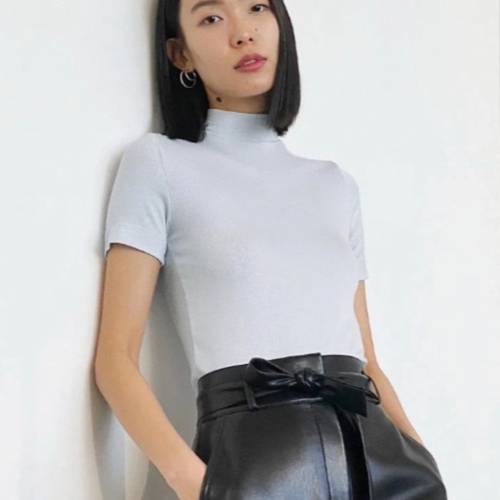 Aritzia Babaton Gonzalo White Ribbed Mock Neck Tee